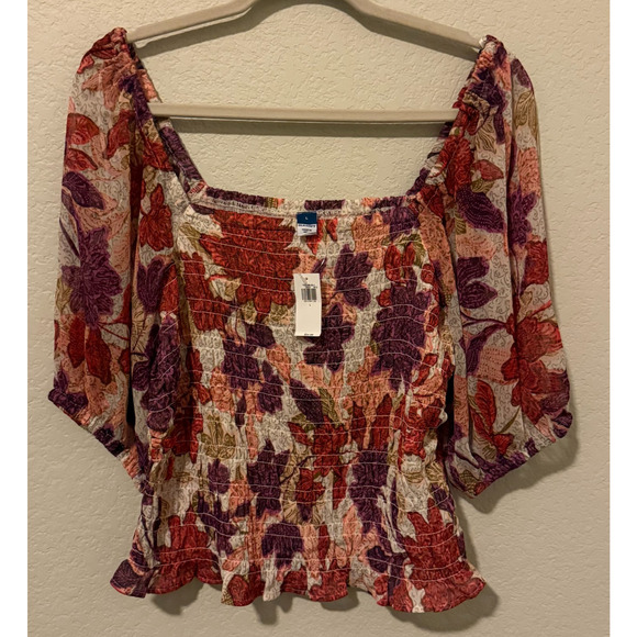Old Navy L Floral Smocked Peasant Top Boho Square Neck Peasant Autumn Blouse NWT - Picture 4 of 8